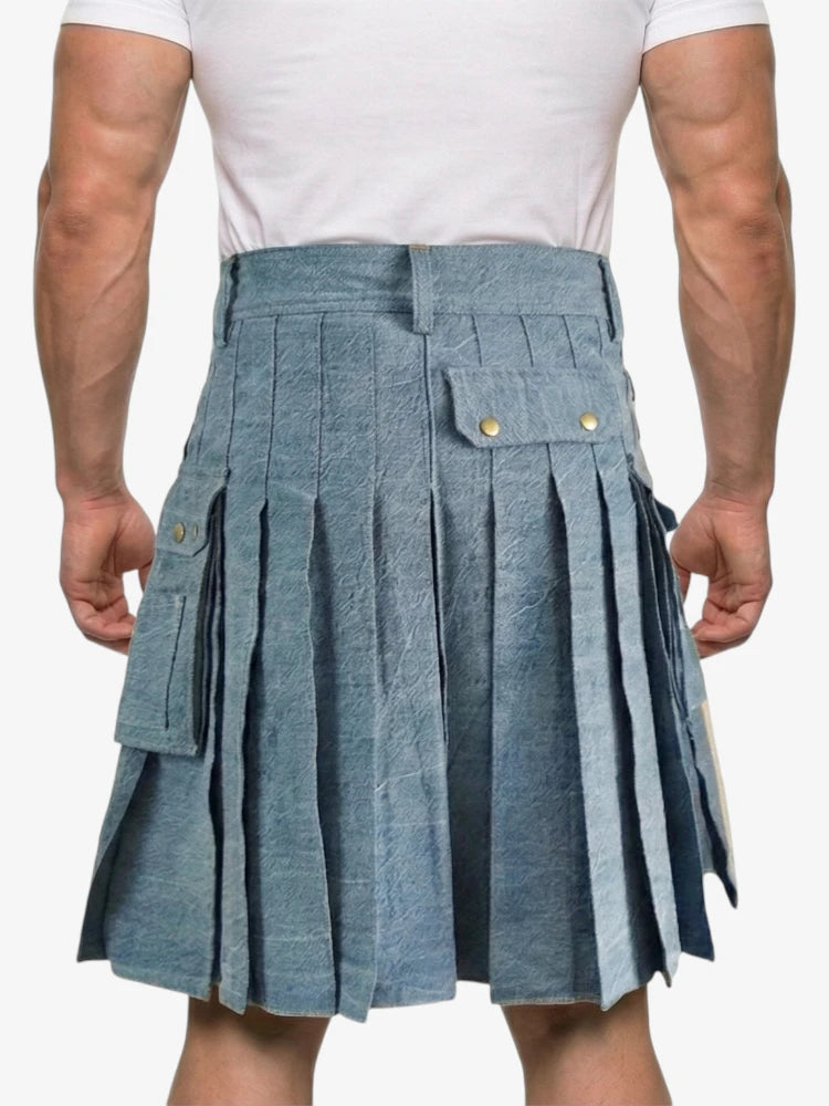 Person wearing a blue pleated kilt on a white background