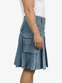 Blue denim kilt worn by a person on a white background