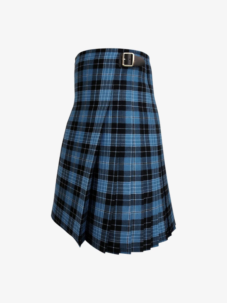 Blue plaid kilt with a belt on a white background