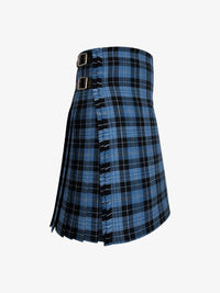 Blue and black plaid kilt on a white background