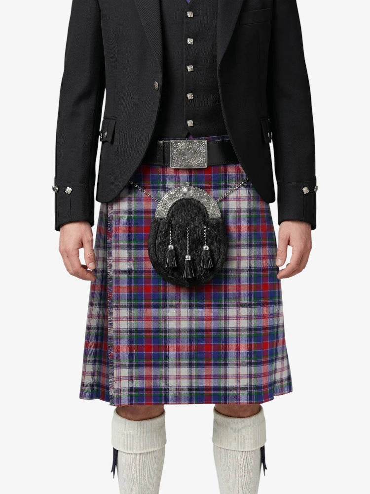 Person wearing a traditional Scottish kilt with a tartan pattern on a white background