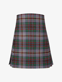Plaid kilt with green, red, and gray pattern on a white background