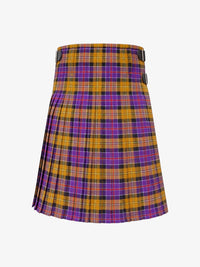 Plaid kilt with purple and orange pattern on a white background