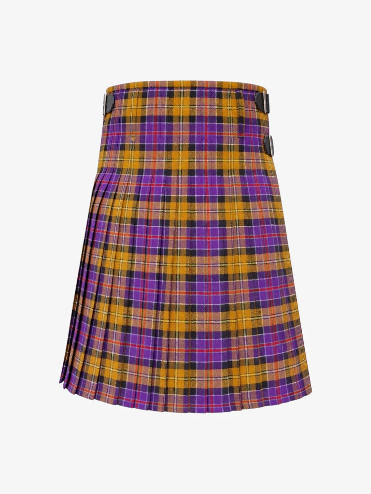 Plaid kilt with purple and orange pattern on a white background