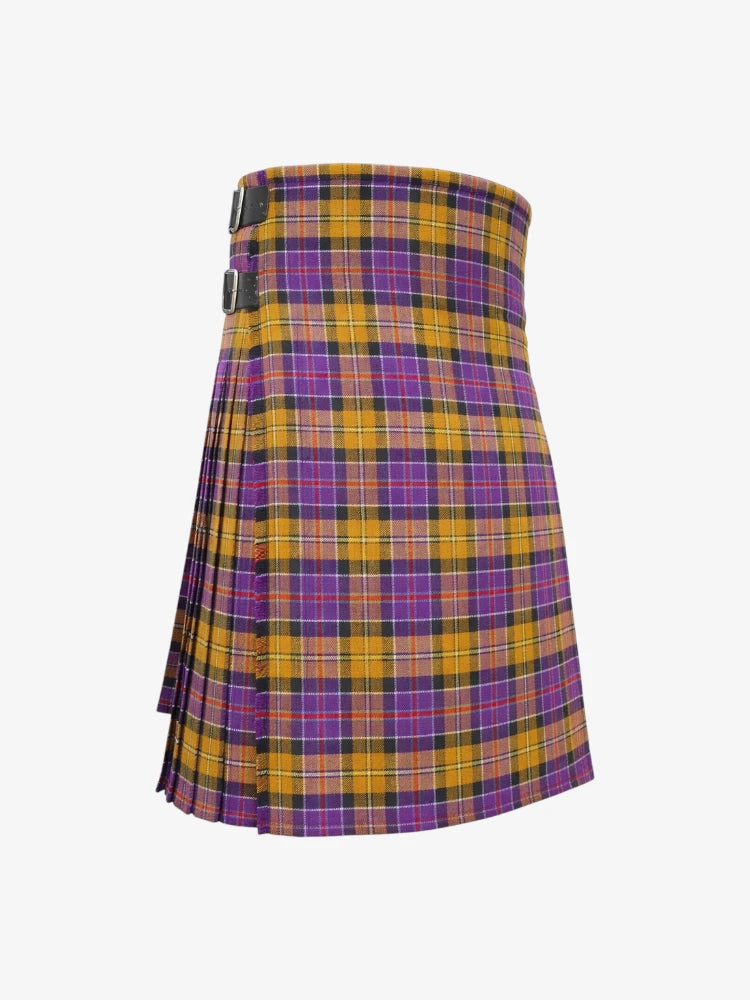 Plaid kilt with purple and yellow colors on a white background