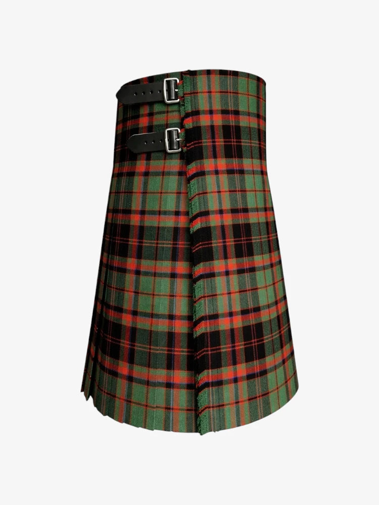 Green and red plaid kilt with a belt on a white background