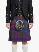 Person wearing a traditional Scottish kilt with a tartan pattern on a white background