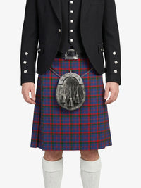 Person wearing a traditional Scottish kilt with a tartan pattern on a white background
