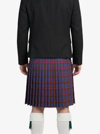 Person wearing a black jacket and red and blue plaid kilt on a white background