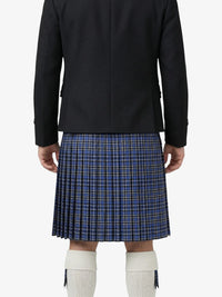 Person wearing a black jacket and blue plaid kilt on a white background
