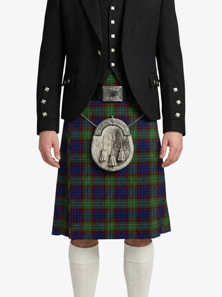 Person wearing a traditional Scottish kilt with a tartan pattern on a white background