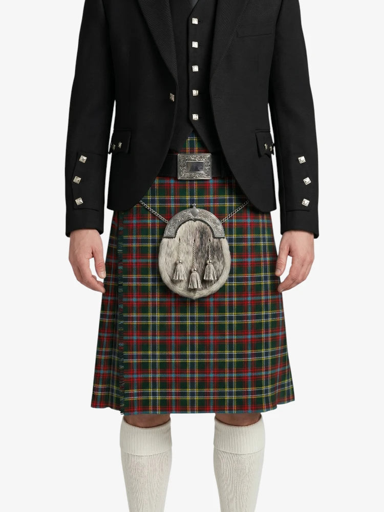 Person wearing a Scottish kilt with a tartan pattern on a white background