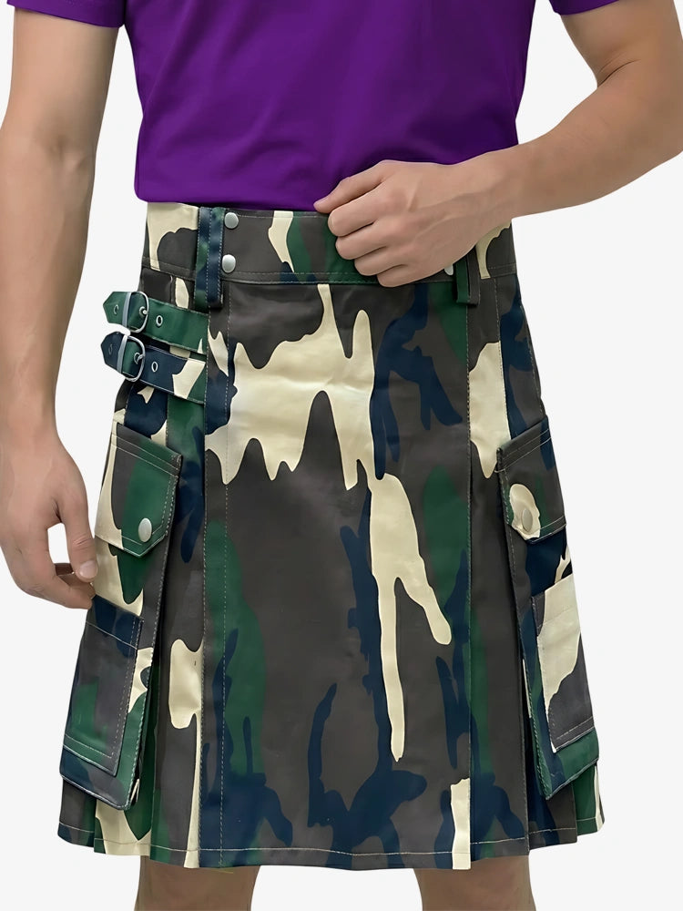 Camouflage kilt worn by a person with a purple shirt on a white background