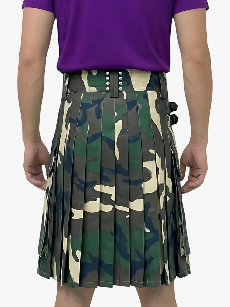 Person wearing a camouflage kilt with a purple shirt on a white background