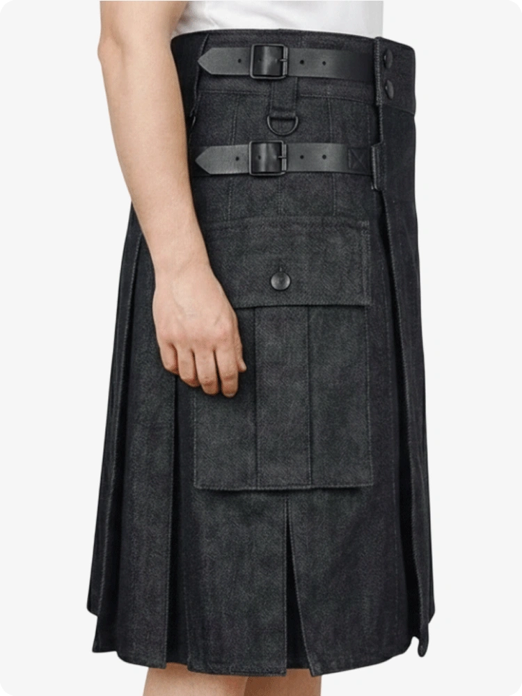 Black kilt with belt and pockets on a white background