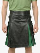 Person wearing a black leather kilt with green accents on a white background
