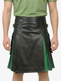 Person wearing a black leather kilt with green accents on a white background