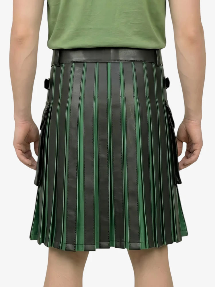 Person wearing a green and black pleated skirt on a white background