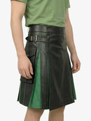 Green shirt and black leather skirt with green lining on a white background