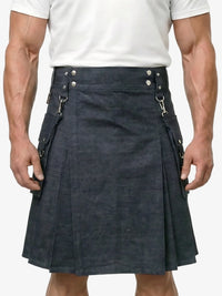 Person wearing a dark blue kilt with silver buttons on a plain background