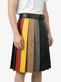 Color-blocked leather skirt with a belt on a white background