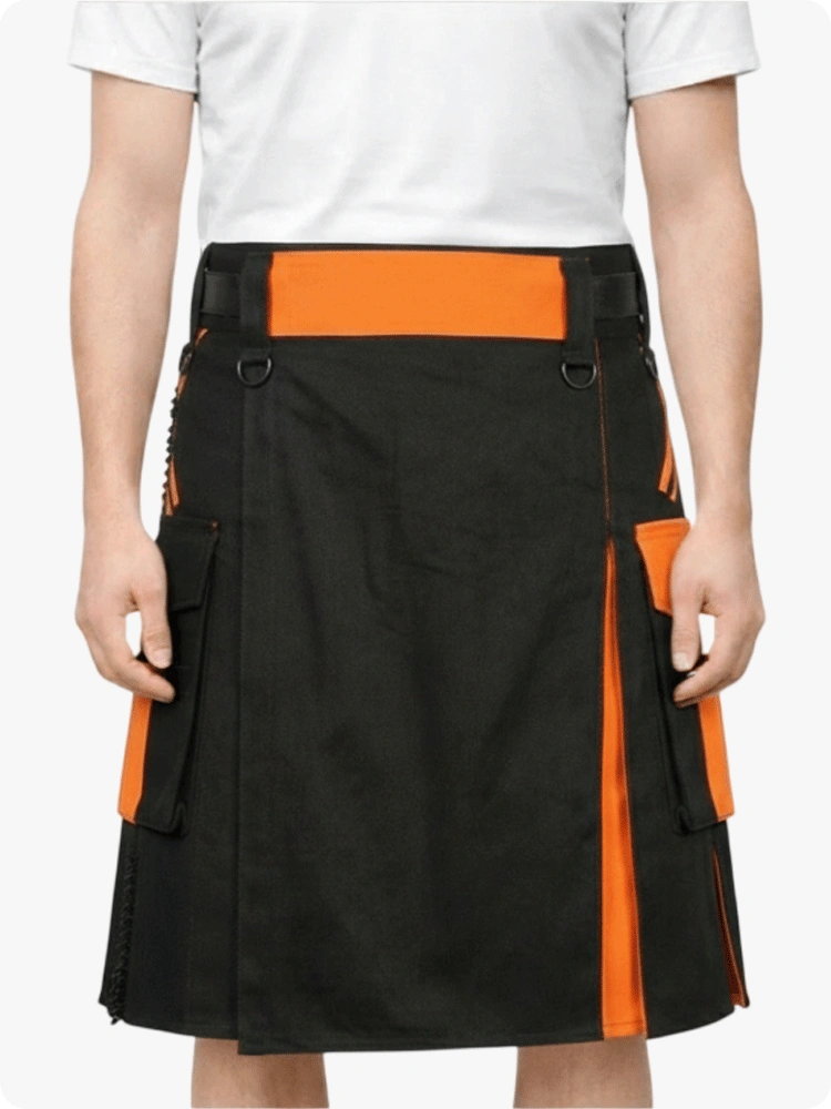 Person wearing a black and orange apron on a white background