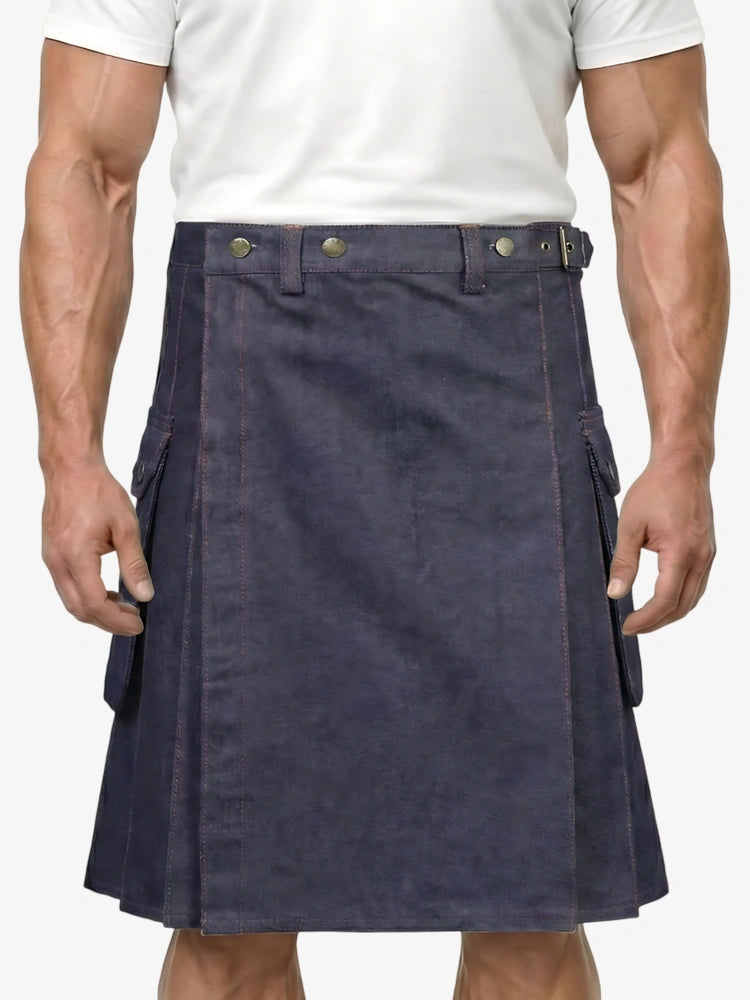 Navy kilt worn by a person on a white background