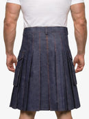 Person wearing a navy blue kilt on a white background