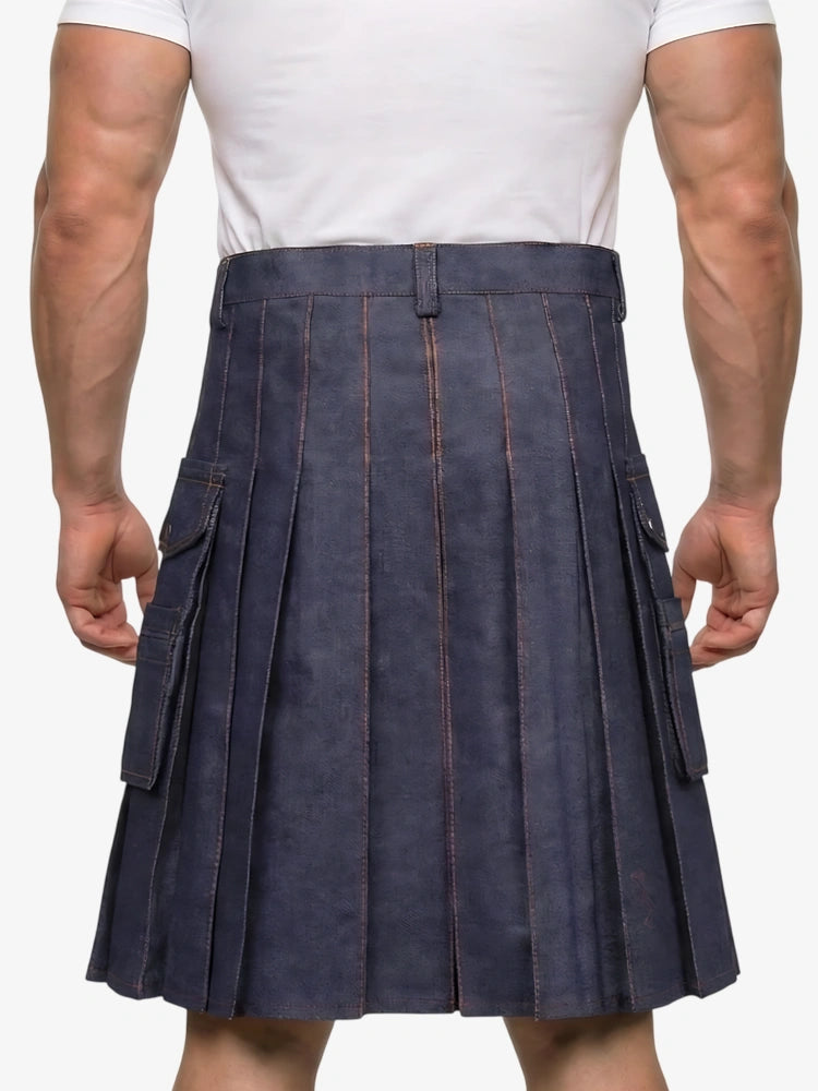 Person wearing a navy blue kilt on a white background