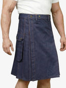 Navy blue kilt worn by a person on a white background