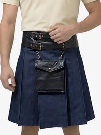 Person wearing a navy blue kilt with a black leather belt and attached pouch on a white background