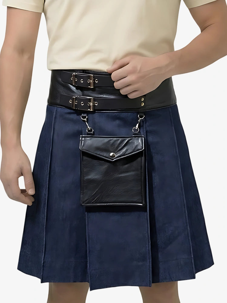 Custom Made Blue Denim Leather Kilt