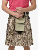 Person wearing a camouflage kilt with a beige bag over their shoulder on a white background