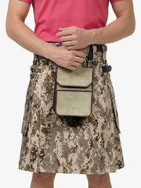 Person wearing a camouflage kilt with a beige bag over their shoulder on a white background