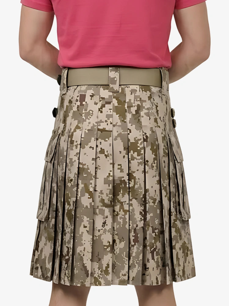 Person wearing a pink shirt and camouflage kilt on a white background