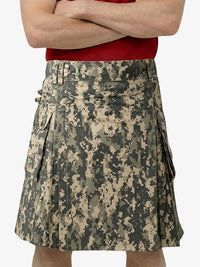 Person wearing a digital camouflage kilt on a white background