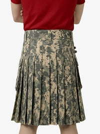 Person wearing a camouflage kilt on a white background