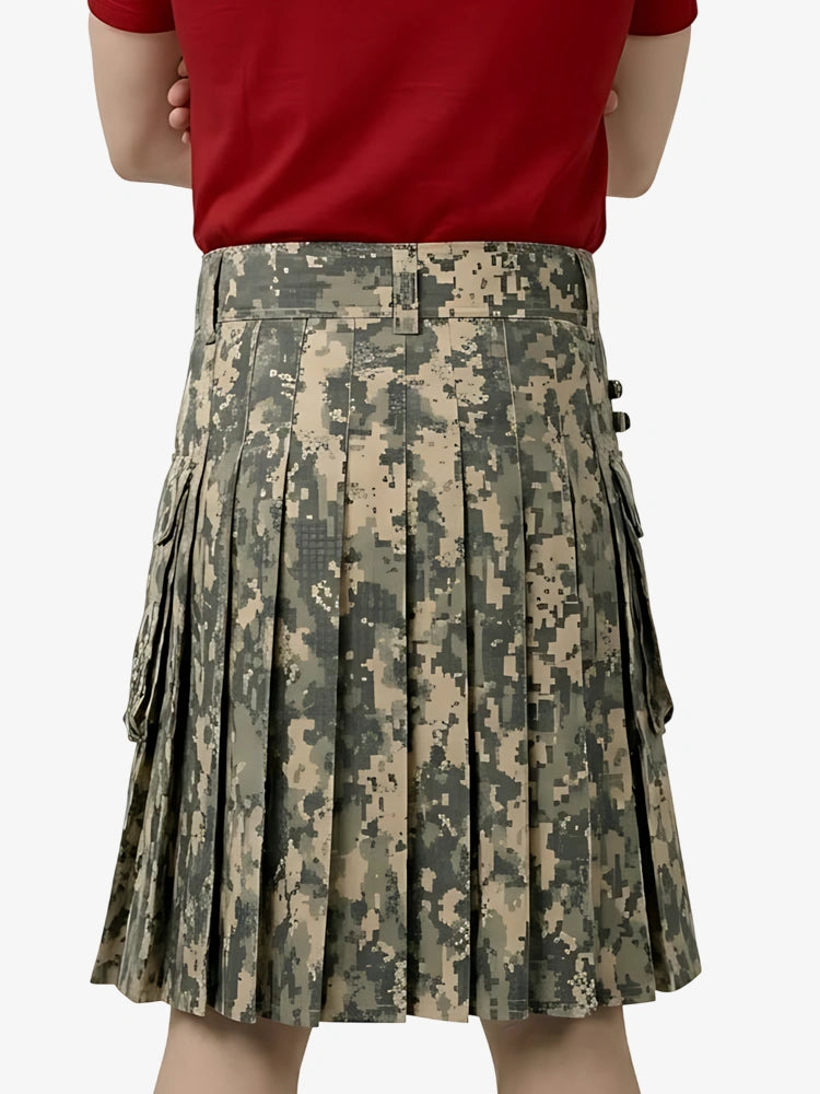 Person wearing a camouflage kilt on a white background