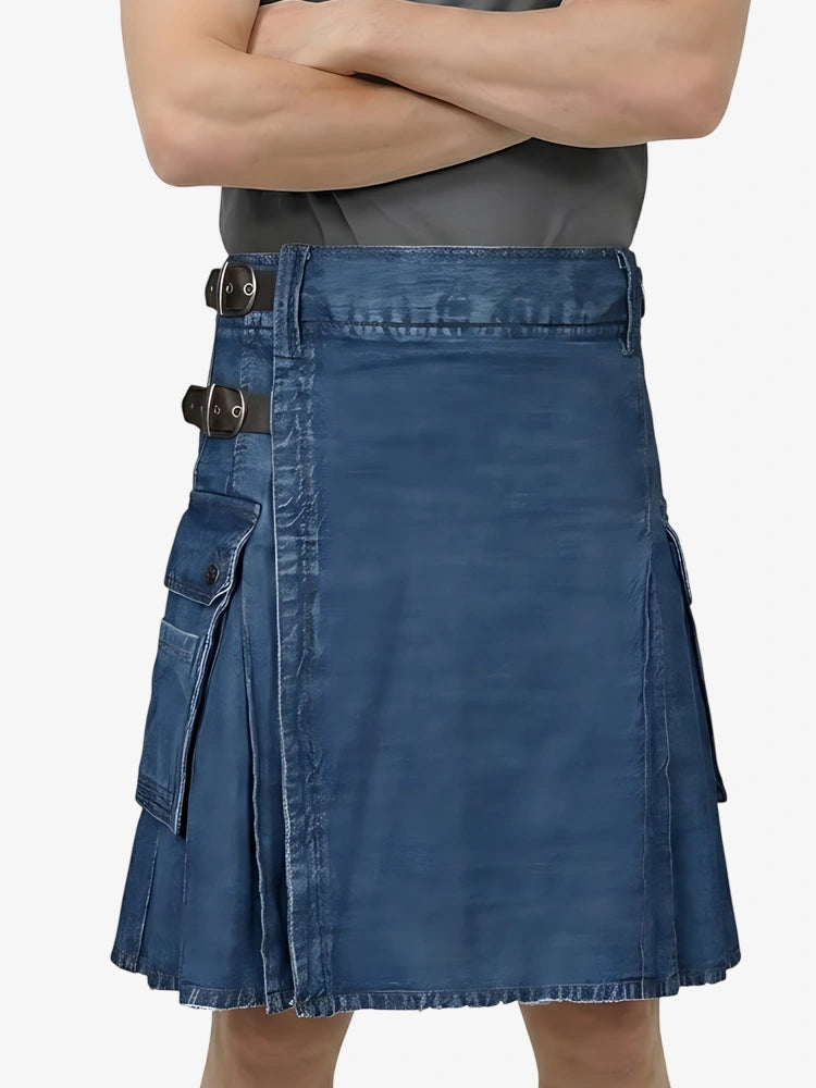 Blue denim kilt worn by a person on a white background