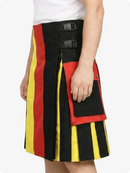 Person wearing a colorful striped kilt with black, red, and yellow colors on a white background.
