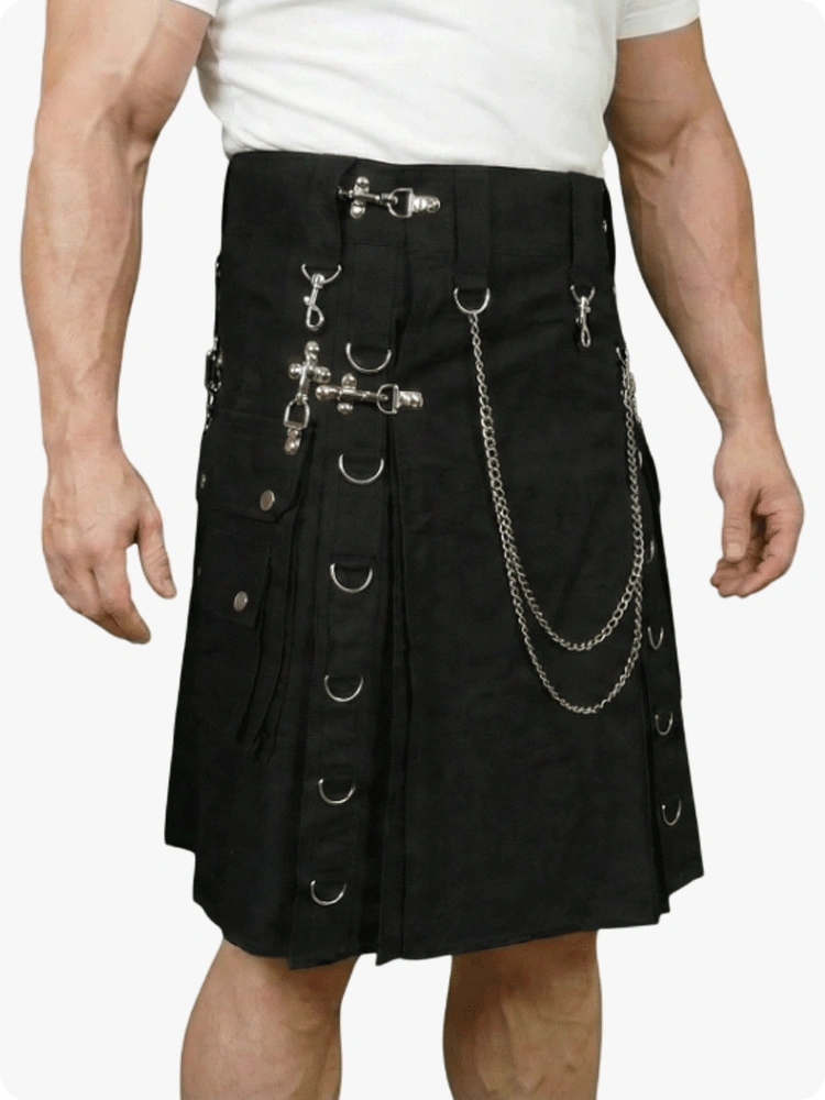 Black kilt with silver chains and hardware on a white background