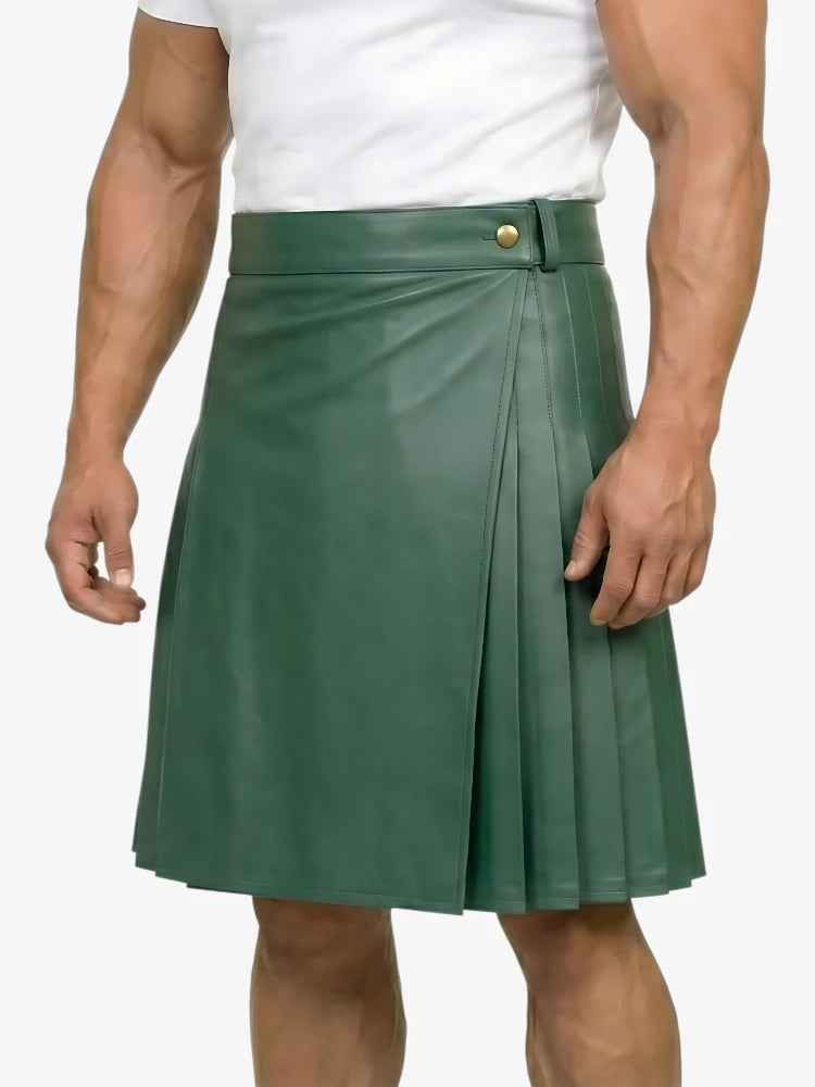Green pleated skirt worn by a person on a white background