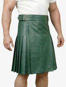 Green leather kilt worn by a person on a white background