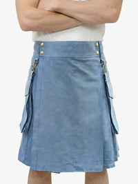 Blue leather skirt with gold buttons and details on a white background
