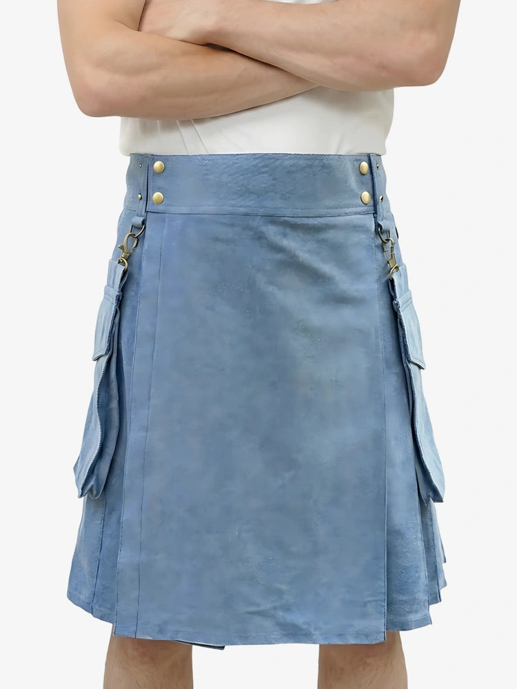 Blue leather skirt with gold buttons and details on a white background
