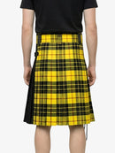 Person wearing a yellow plaid kilt on a white background
