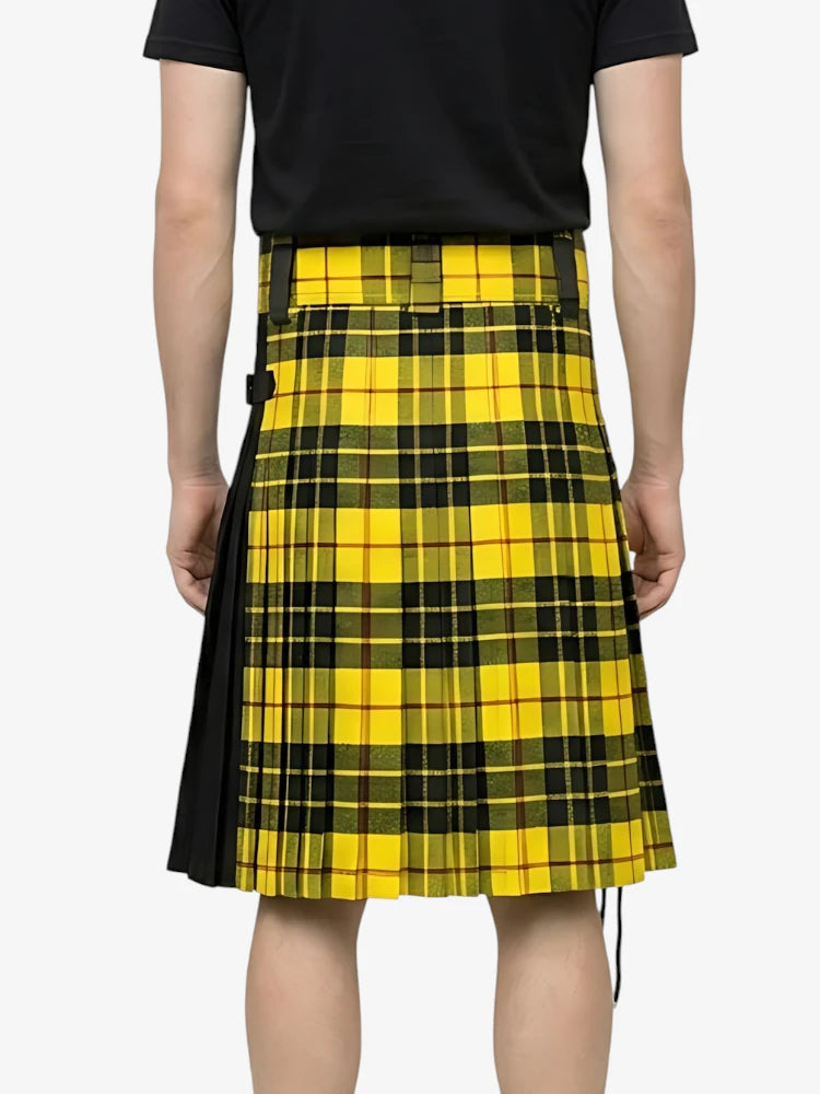 Person wearing a yellow plaid kilt on a white background