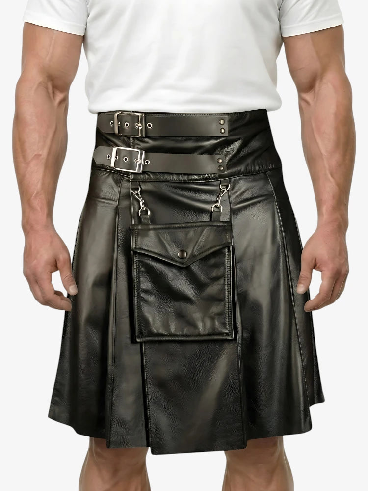 Custom Made Men Black Cowhide Leather kilt