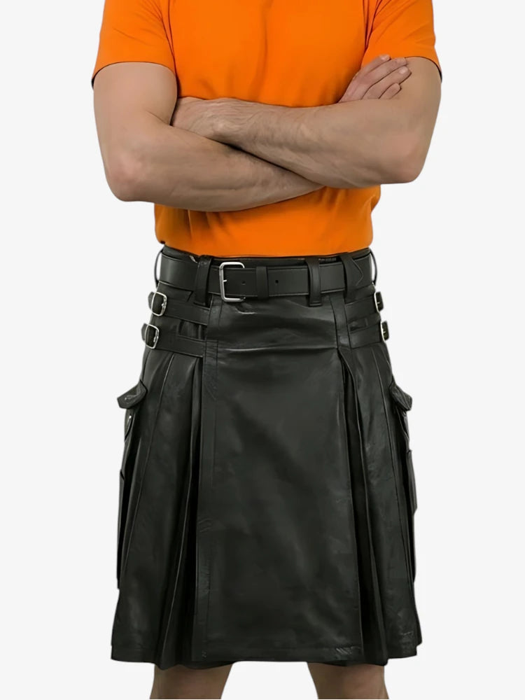 Custom Made Men Black Leather Kilt