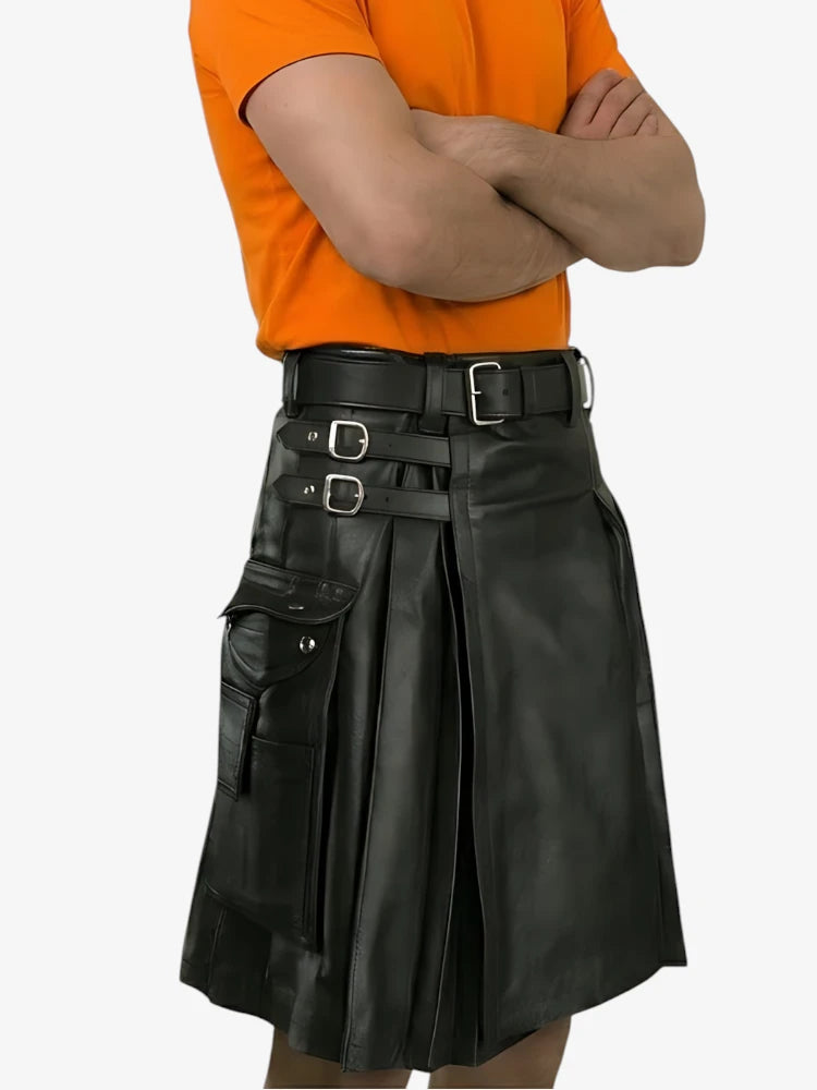 Custom Made Men Black Leather Kilt